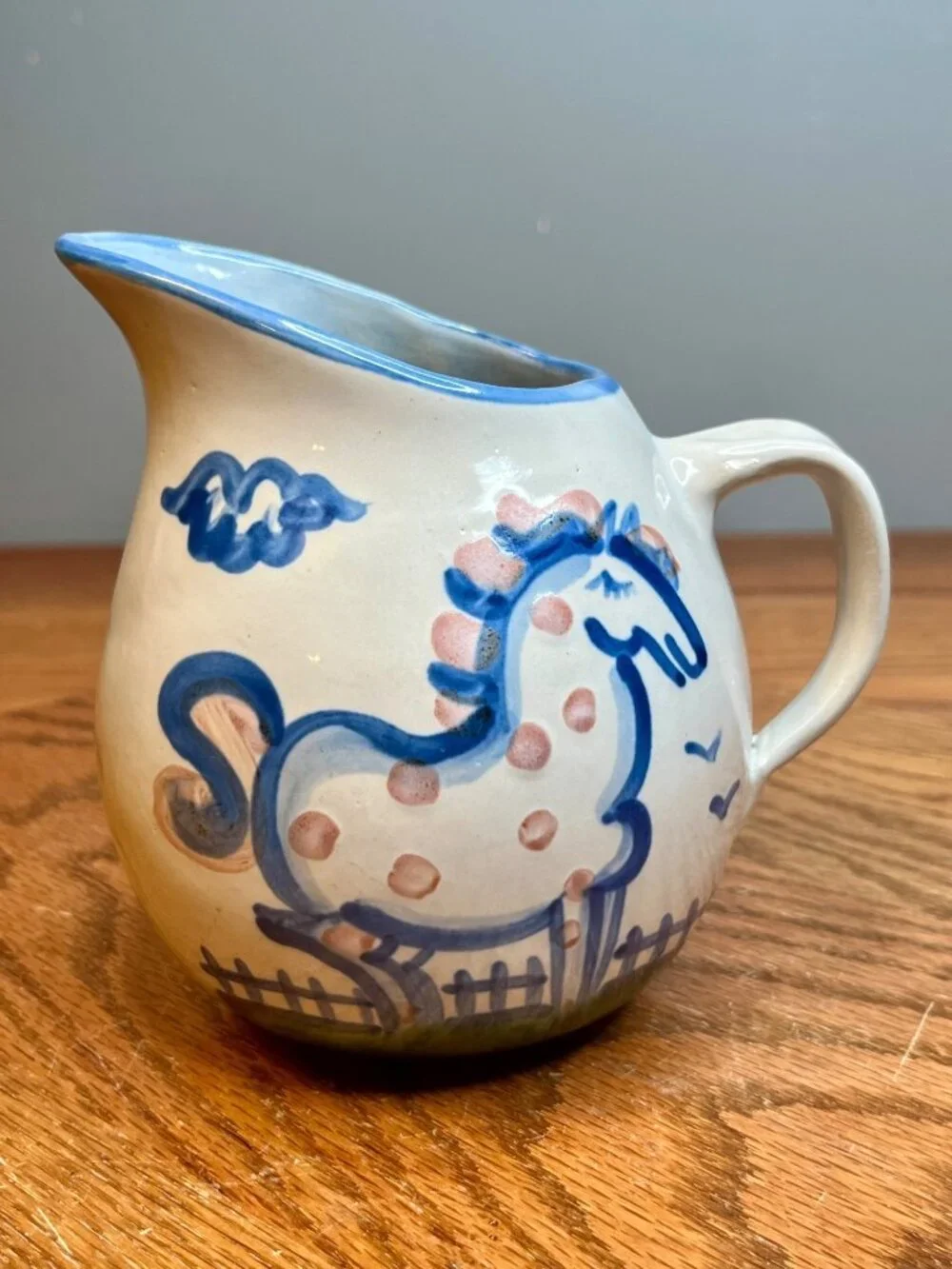 Vintage M.A. Hadley Pot Belly Milk Pitcher - Country Scene Blue-Horse